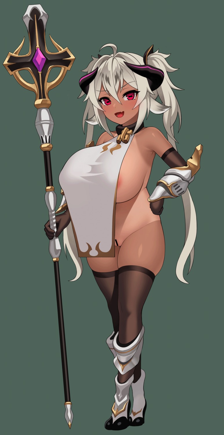 areola armor censored erect_nipples grimgrim horns no_bra nopan pussy tan_lines thighhighs weapon