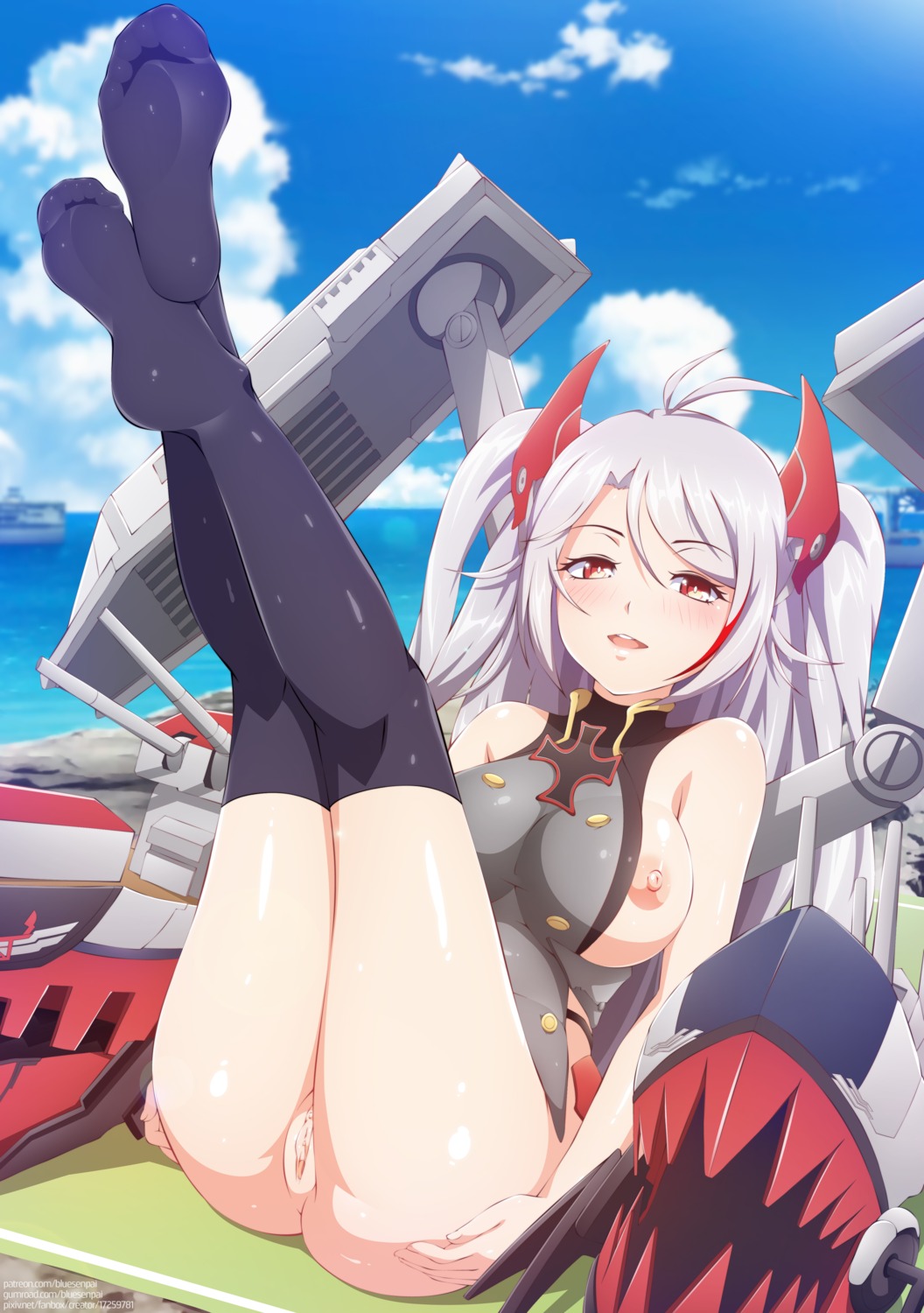 azur_lane blue-senpai bottomless feet nipple_slip nipples prinz_eugen_(azur_lane) pussy thighhighs uncensored