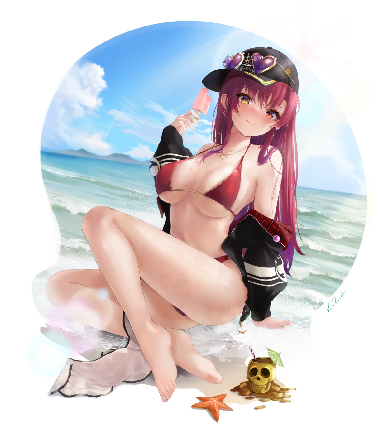 bikini heterochromia hololive houshou_marine lukas_reule open_shirt swimsuits