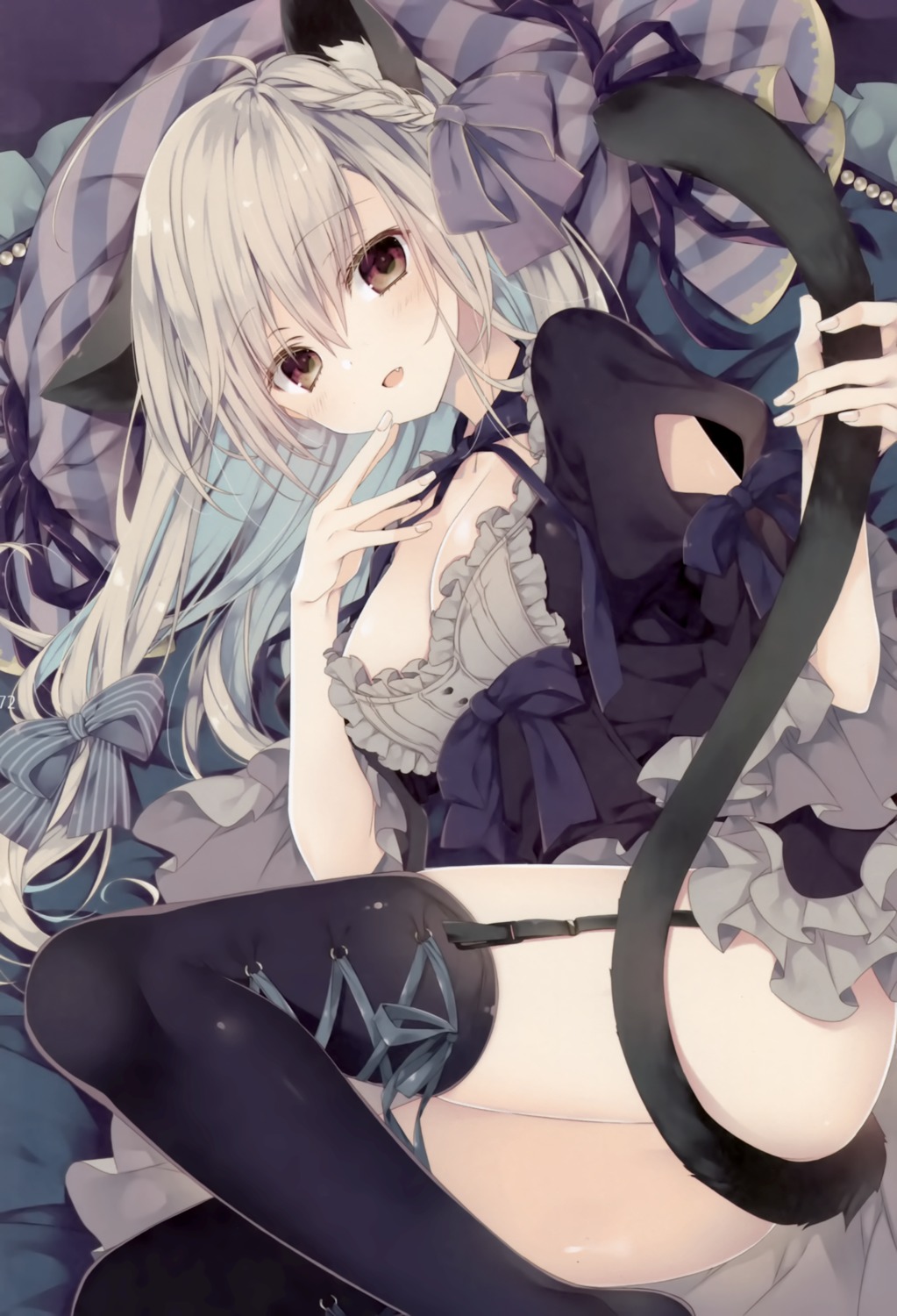 animal_ears dress inugami_kira necotoxin nekomimi skirt_lift stockings tail thighhighs