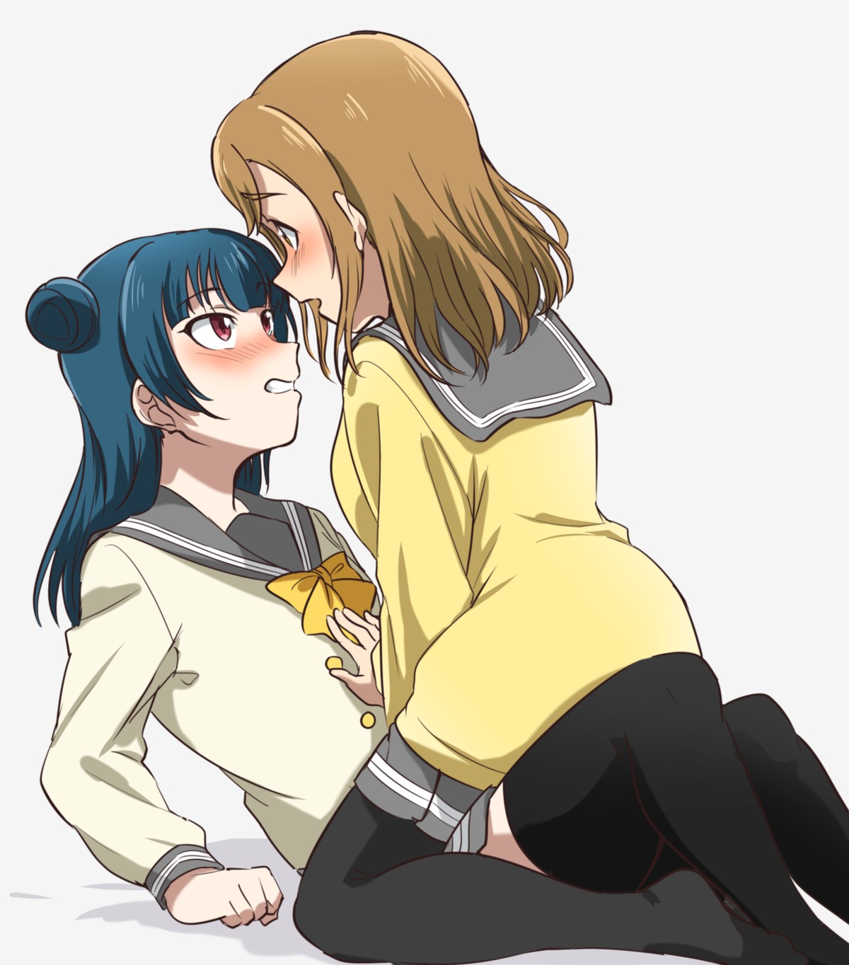 kunikida_hanamaru love_live!_sunshine!! pantyhose seifuku sweater thighhighs tsushima_yoshiko vorupi yuri