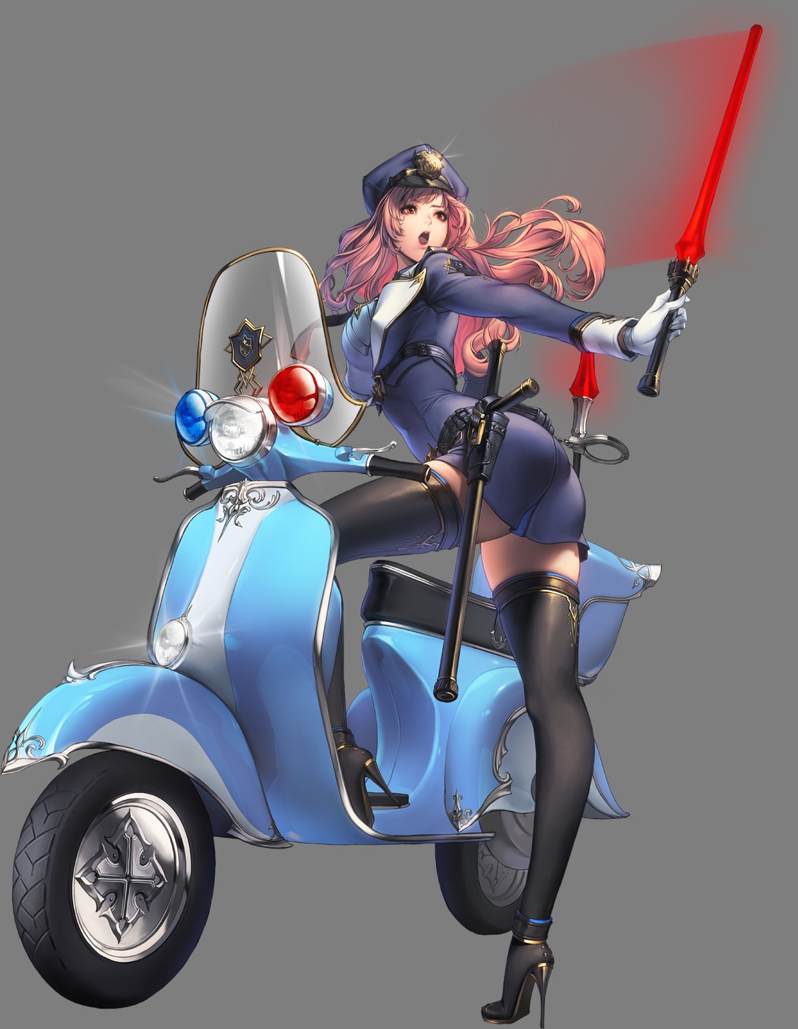 ass chaos_hero_online edelyn heels love_cacao police_uniform thighhighs transparent_png weapon