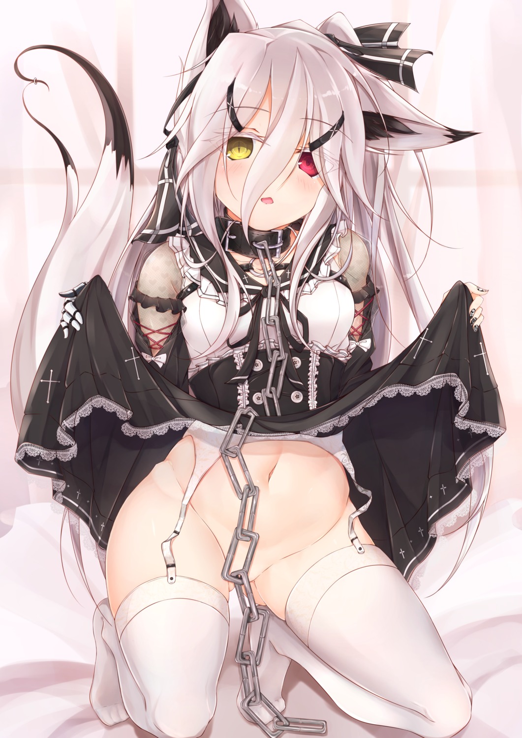 animal_ears garter_belt gothic_lolita heterochromia kitsune lolita_fashion moai21 nopan skirt_lift stockings tail thighhighs