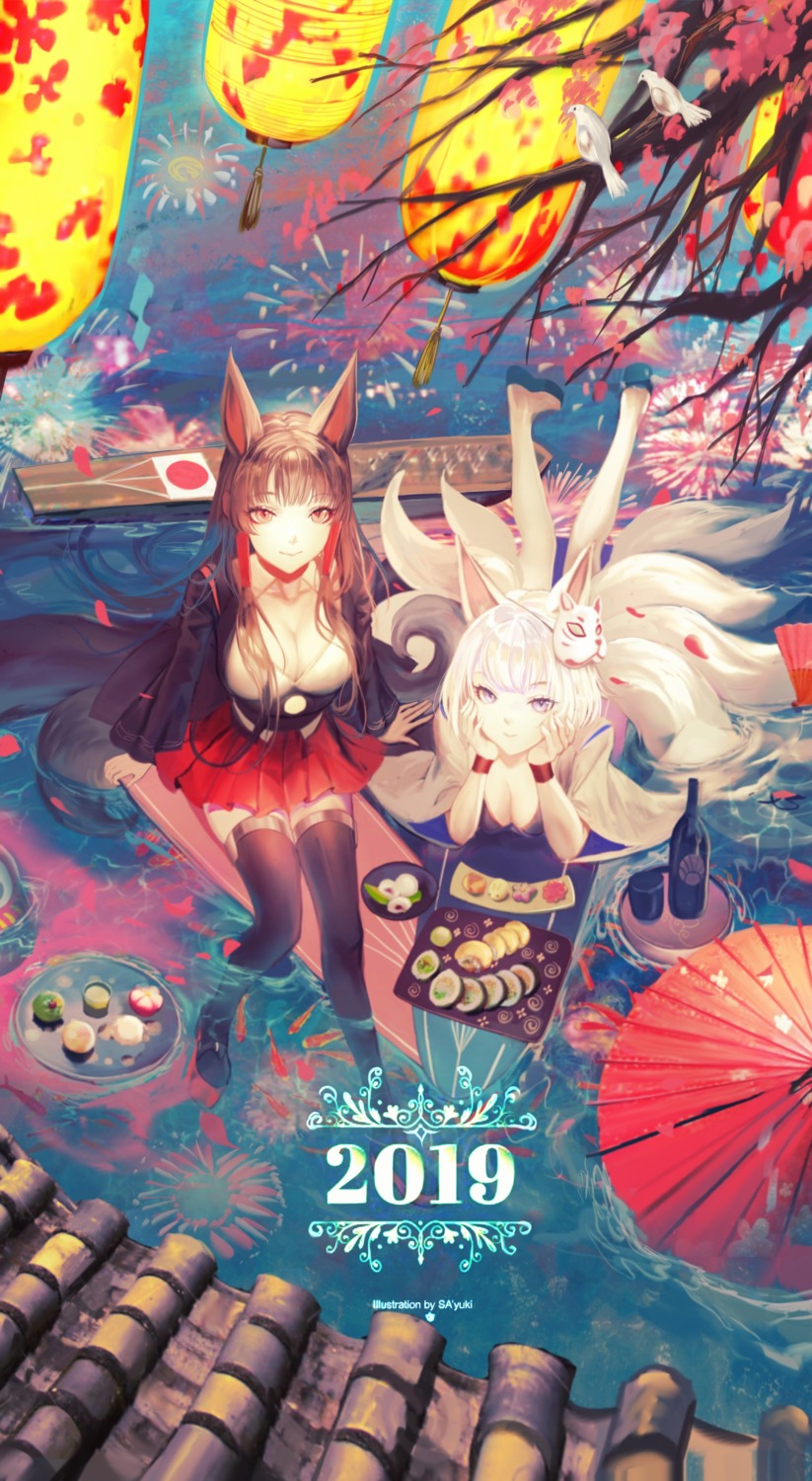 akagi_(azur_lane) animal_ears azur_lane cleavage japanese_clothes kaga_(azur_lane) kitsune sa'yuki tail thighhighs wet