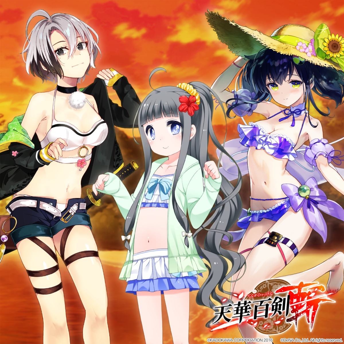 bikini cleavage garter hatsuko hotarumaru_kunitoshi namazuo_toushirou_(tenka_hyakken) open_shirt panty_pull sanbasou shouji_ayumu swimsuits tenka_hyakken uguisumaru_tomonari