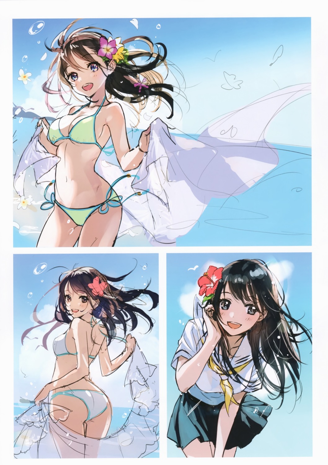 ass bikini canvas cleavage morikura_en see_through seifuku sketch swimsuits underboob