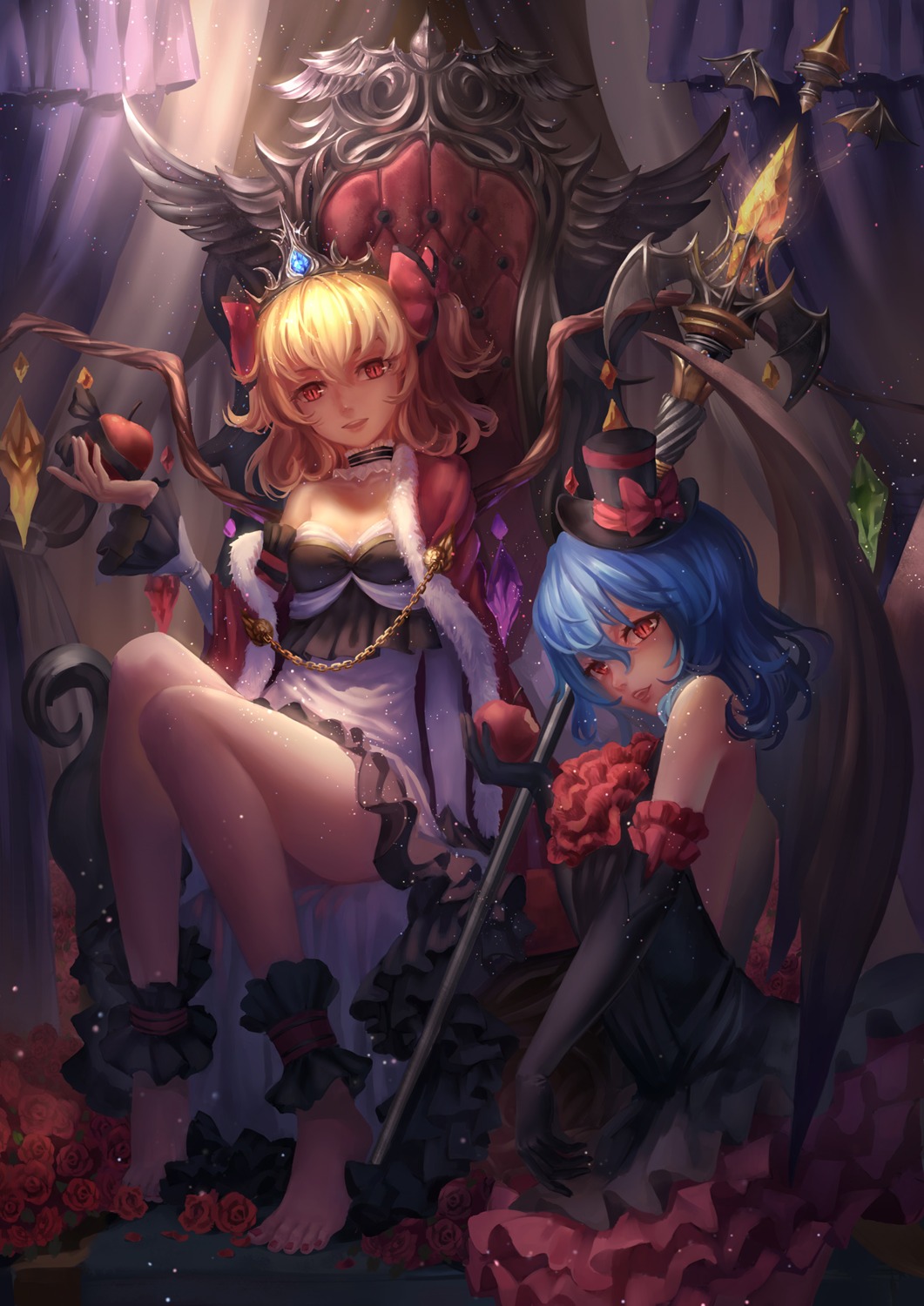 cleavage dress feet flandre_scarlet no_bra remilia_scarlet touhou ttk_(kirinottk) weapon wings