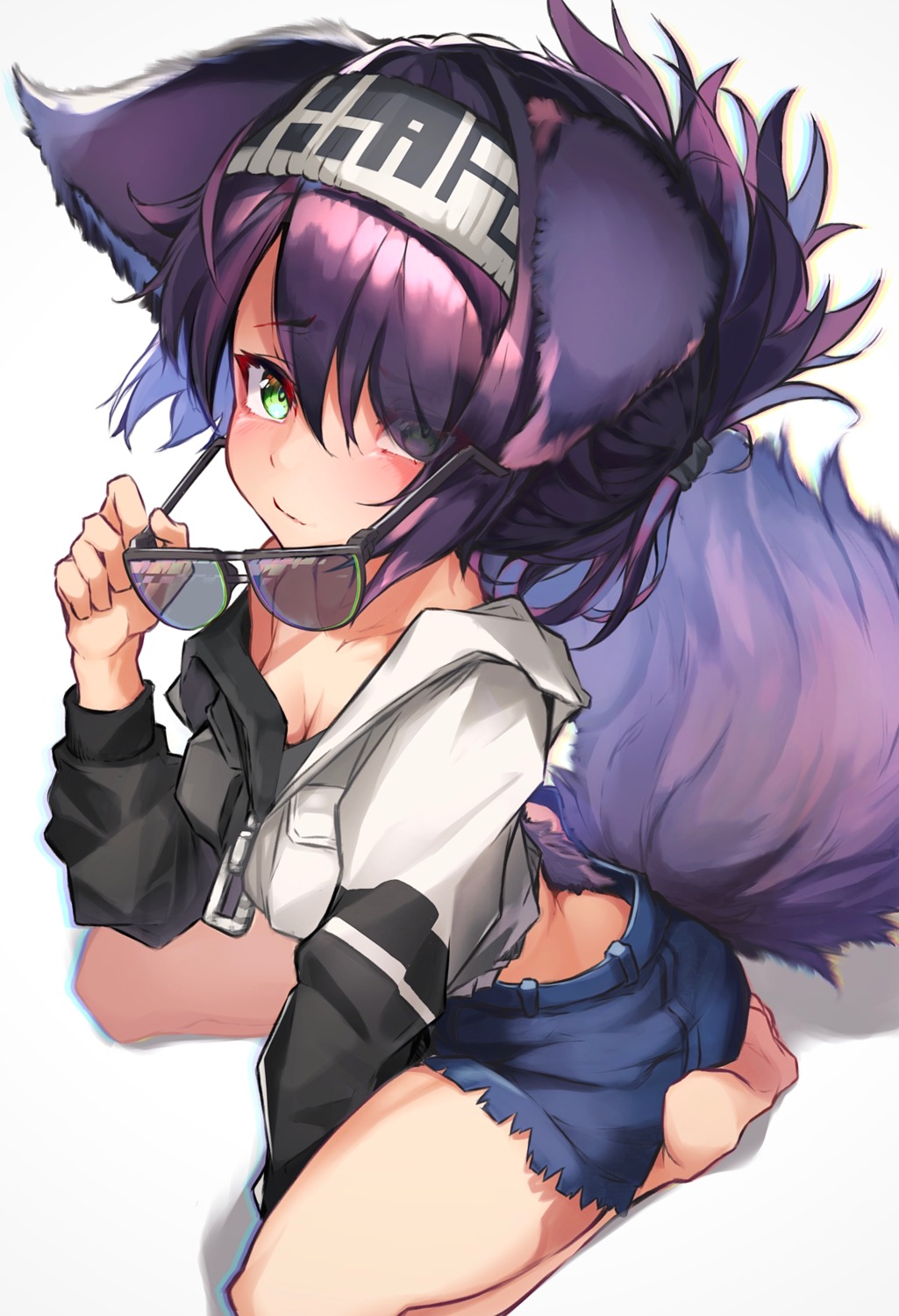 animal_ears megane no_bra open_shirt tab_head tail torn_clothes