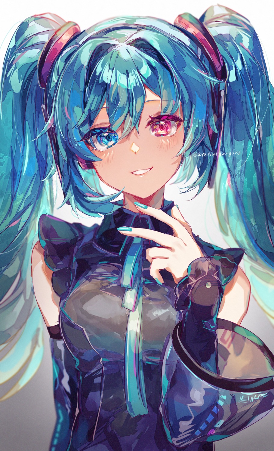 ayatsuki_sugure hatsune_miku headphones heterochromia tattoo vocaloid