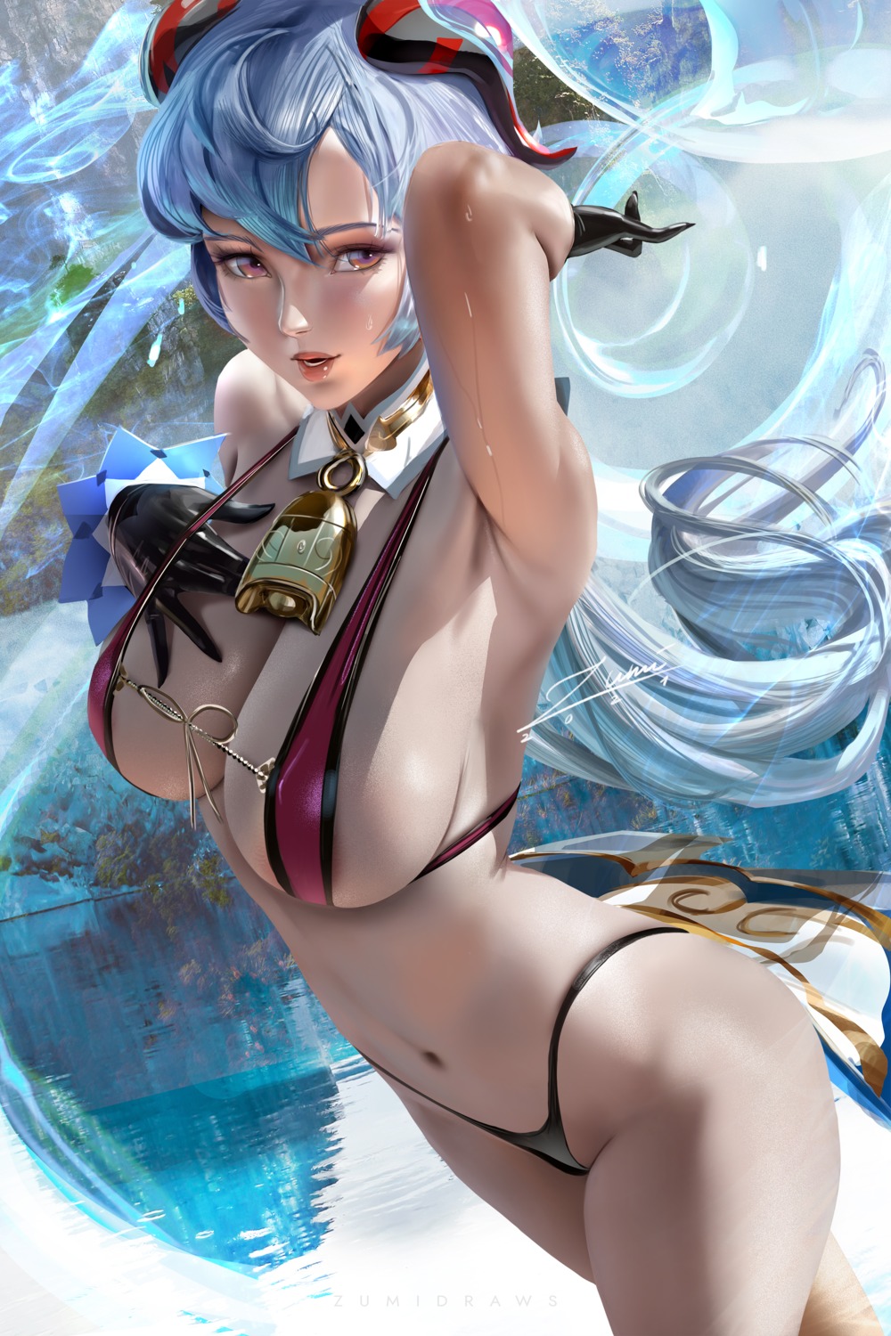 areola bikini ganyu genshin_impact horns swimsuits wet zumi_(zumidraws)