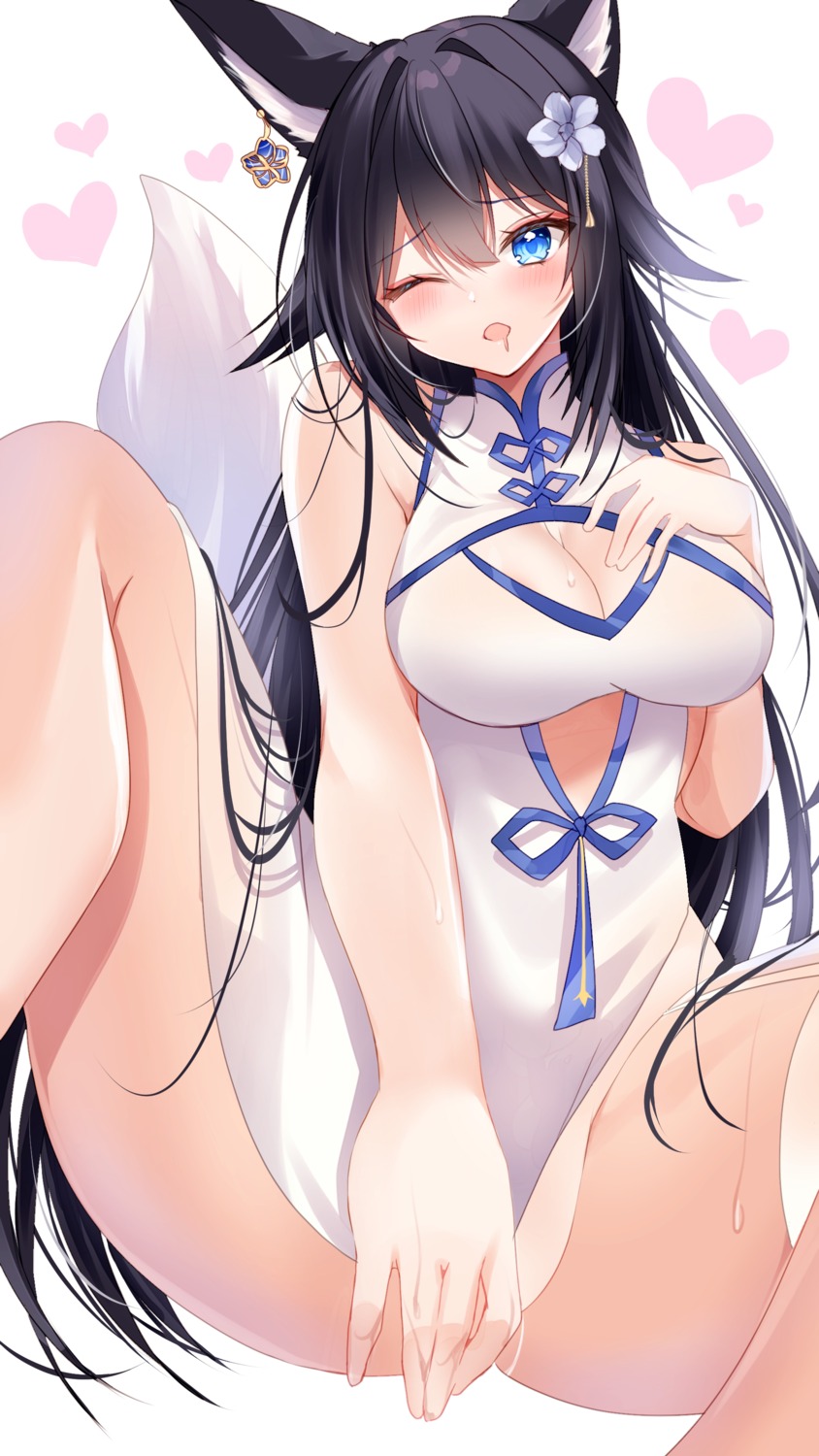 animal_ears breast_hold chinadress cleavage nenobi_(nenorium) nopan pussy_juice see_through skirt_lift tail wet