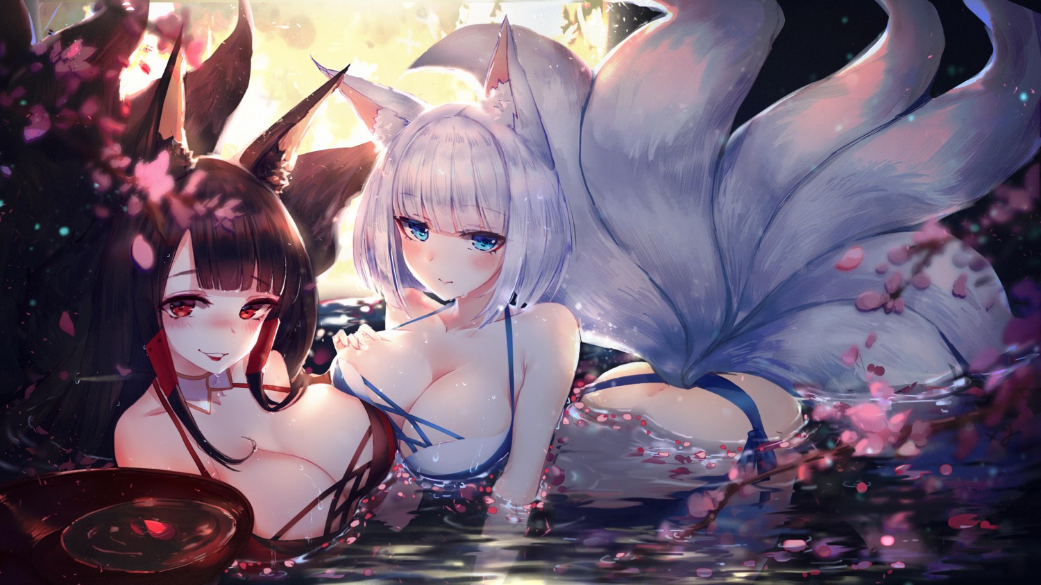 akagi_(azur_lane) animal_ears azur_lane bikini cleavage kaga_(azur_lane) kitsune swimsuits tail wet xing_(artist)