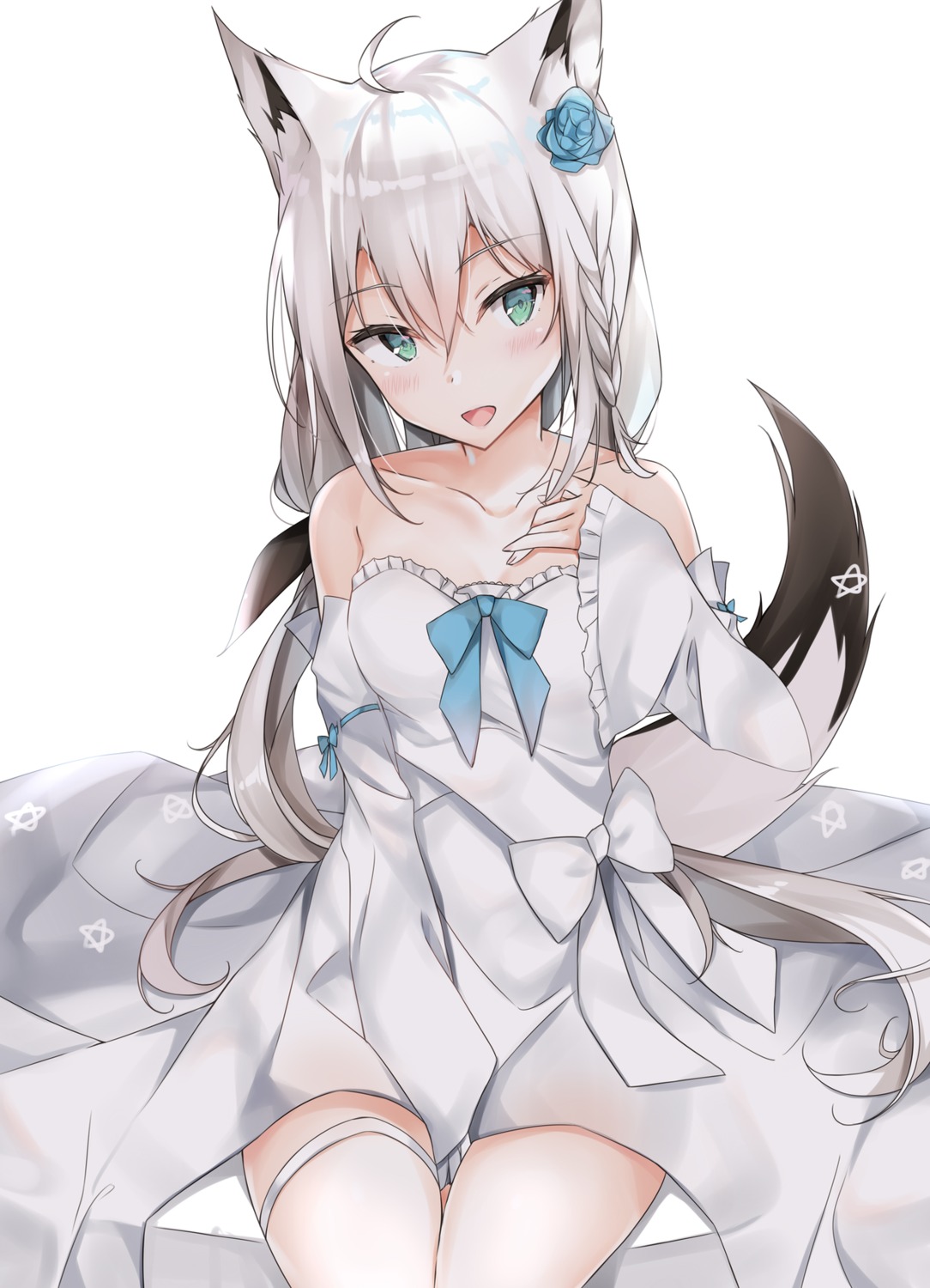 7gao animal_ears cleavage dress garter hololive hololive_gamers kitsune shirakami_fubuki tail