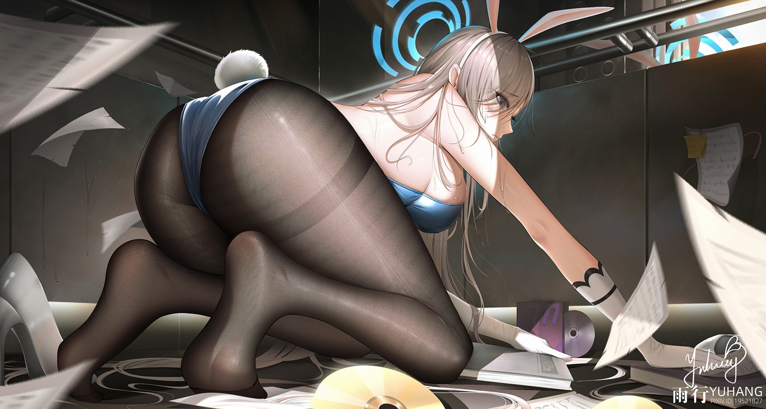 animal_ears ass blue_archive bunny_ears bunny_girl feet halo ichinose_asuna no_bra pantyhose tail yuxing_yuhang