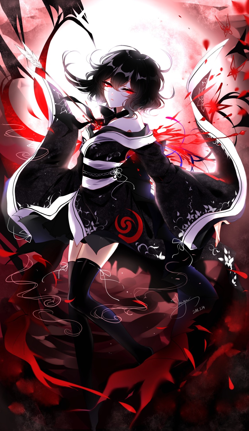 blood houjuu_nue japanese_clothes sheya thighhighs touhou weapon