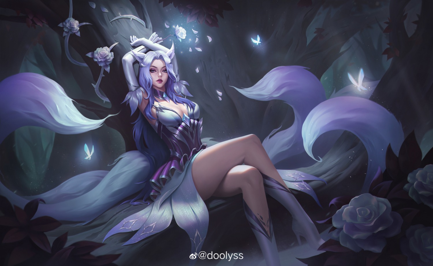 ahri animal_ears doolyss dress heels kitsune league_of_legends monster_girl no_bra tail watermark