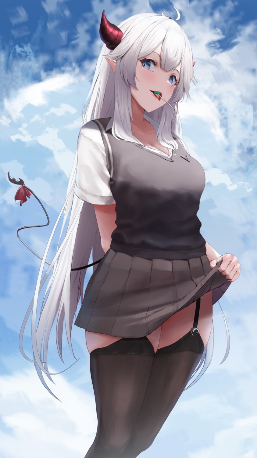 horns pointy_ears seifuku skirt_lift stockings tail thighhighs wanne