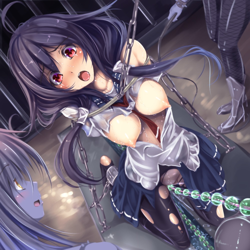 bondage breasts kantai_collection monikano nipples no_bra pantyhose pussy_juice seifuku taigei_(kancolle) torn_clothes