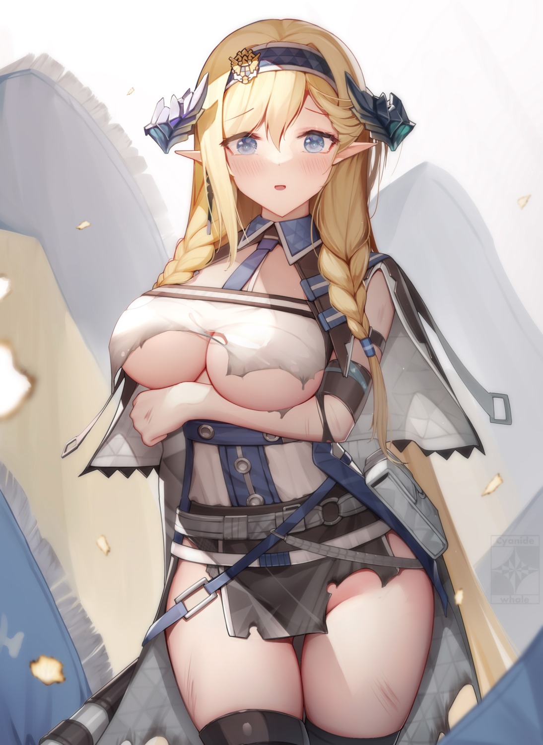 arknights cyanide-whale horns no_bra nopan pointy_ears saileach_(arknights) thighhighs torn_clothes underboob
