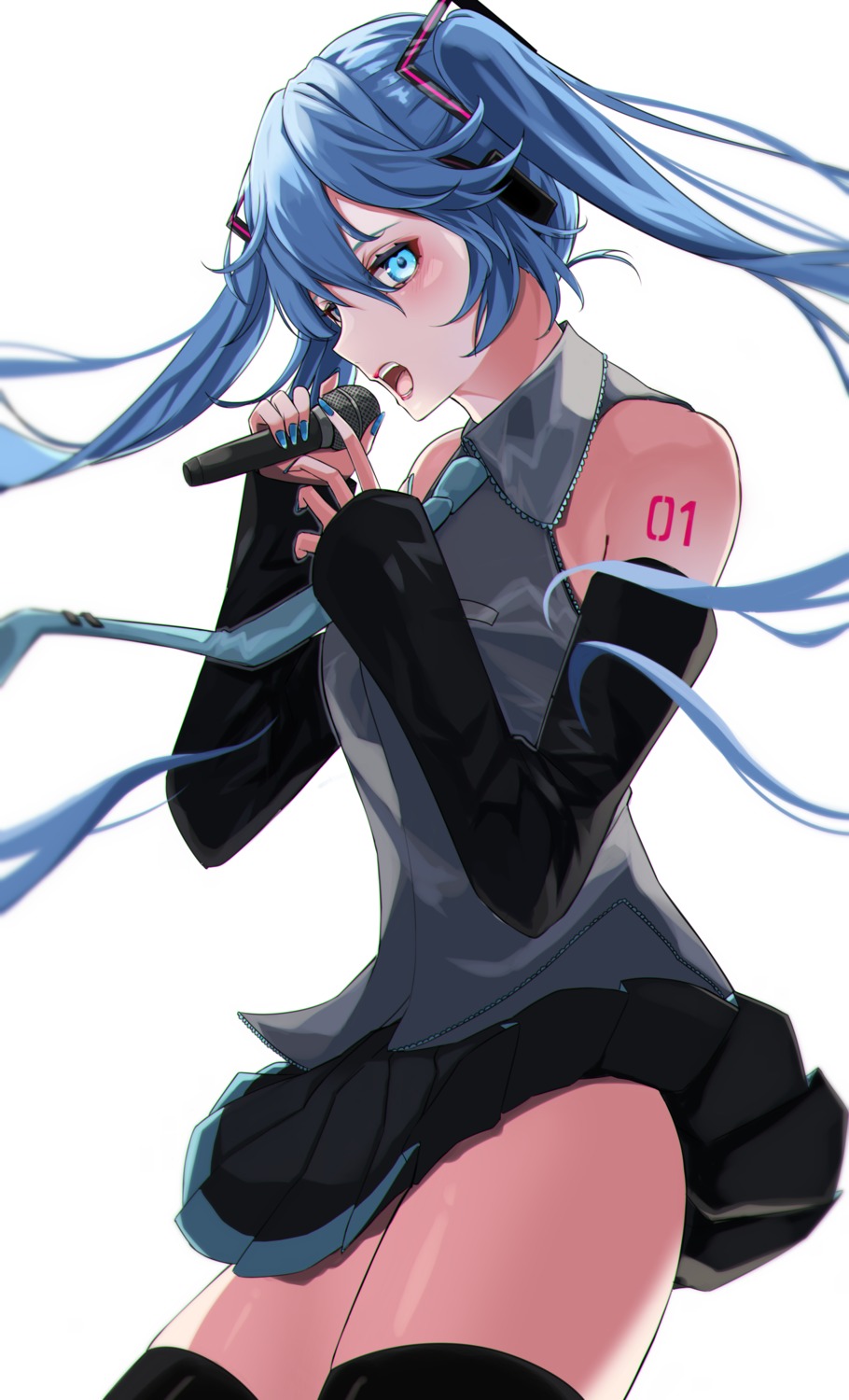 hatsune_miku headphones nigori_(keydoor) skirt_lift tattoo thighhighs vocaloid