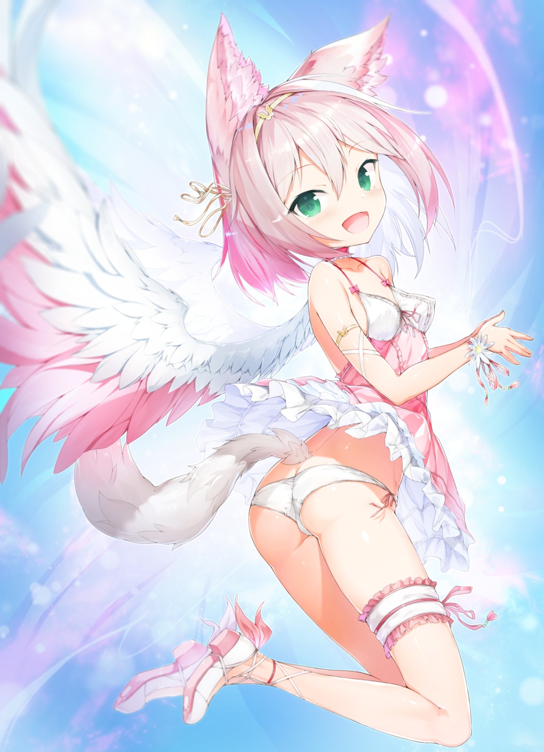 animal_ears ass dress erect_nipples garter heels no_bra pantsu rekareka skirt_lift tail wings