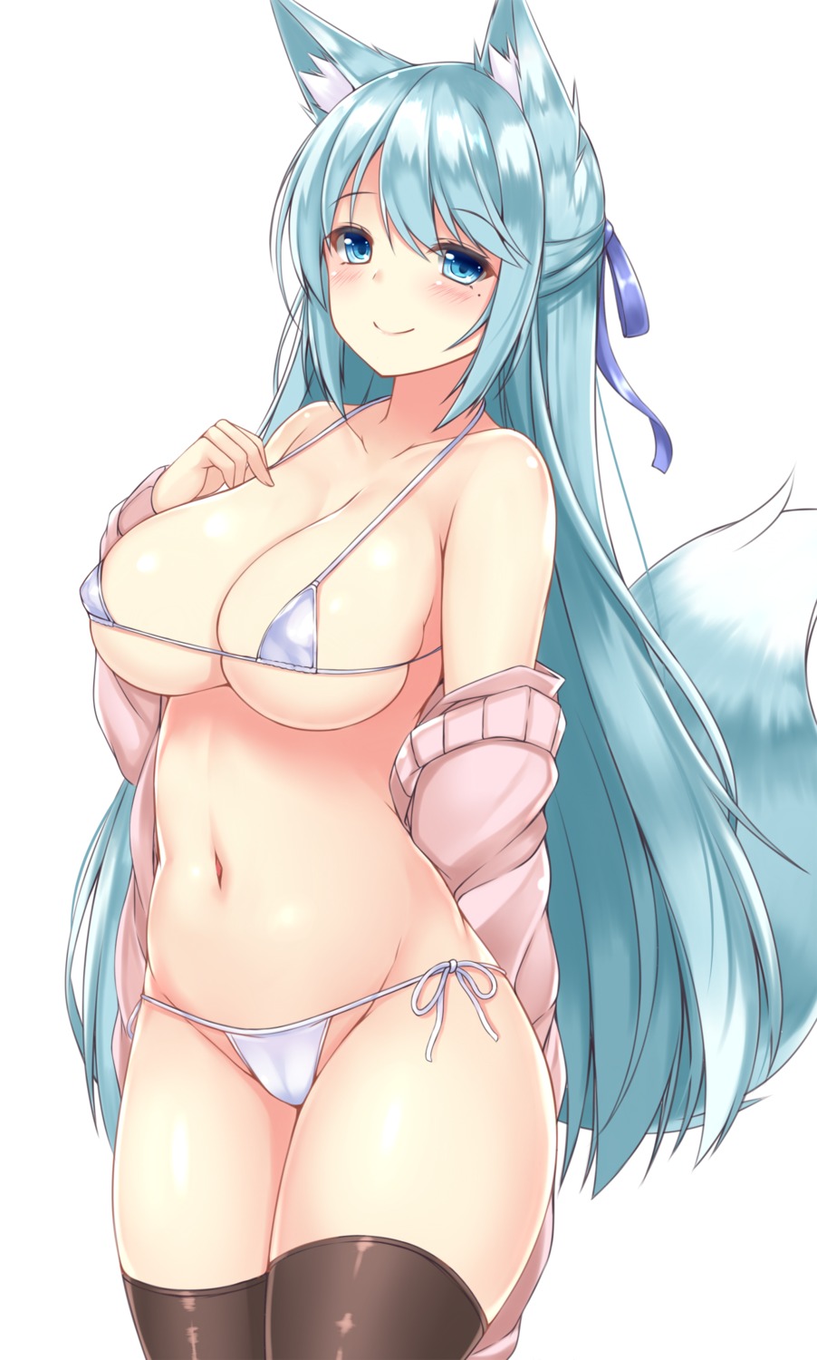 animal_ears bikini cameltoe erect_nipples kitsune open_shirt sogaya sweater swimsuits tail thighhighs