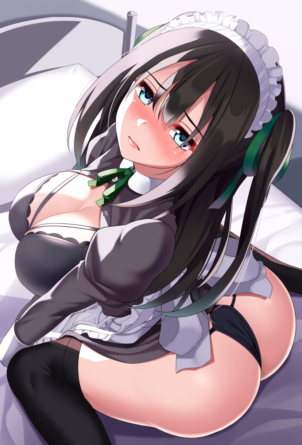 ass bra cleavage huyumitsu maid open_shirt pantsu thighhighs thong