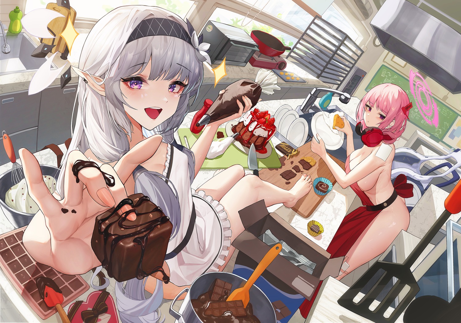 akeboshi_himari blue_archive cream halo headphones izumimoto_eimi josal naked_apron pointy_ears valentine