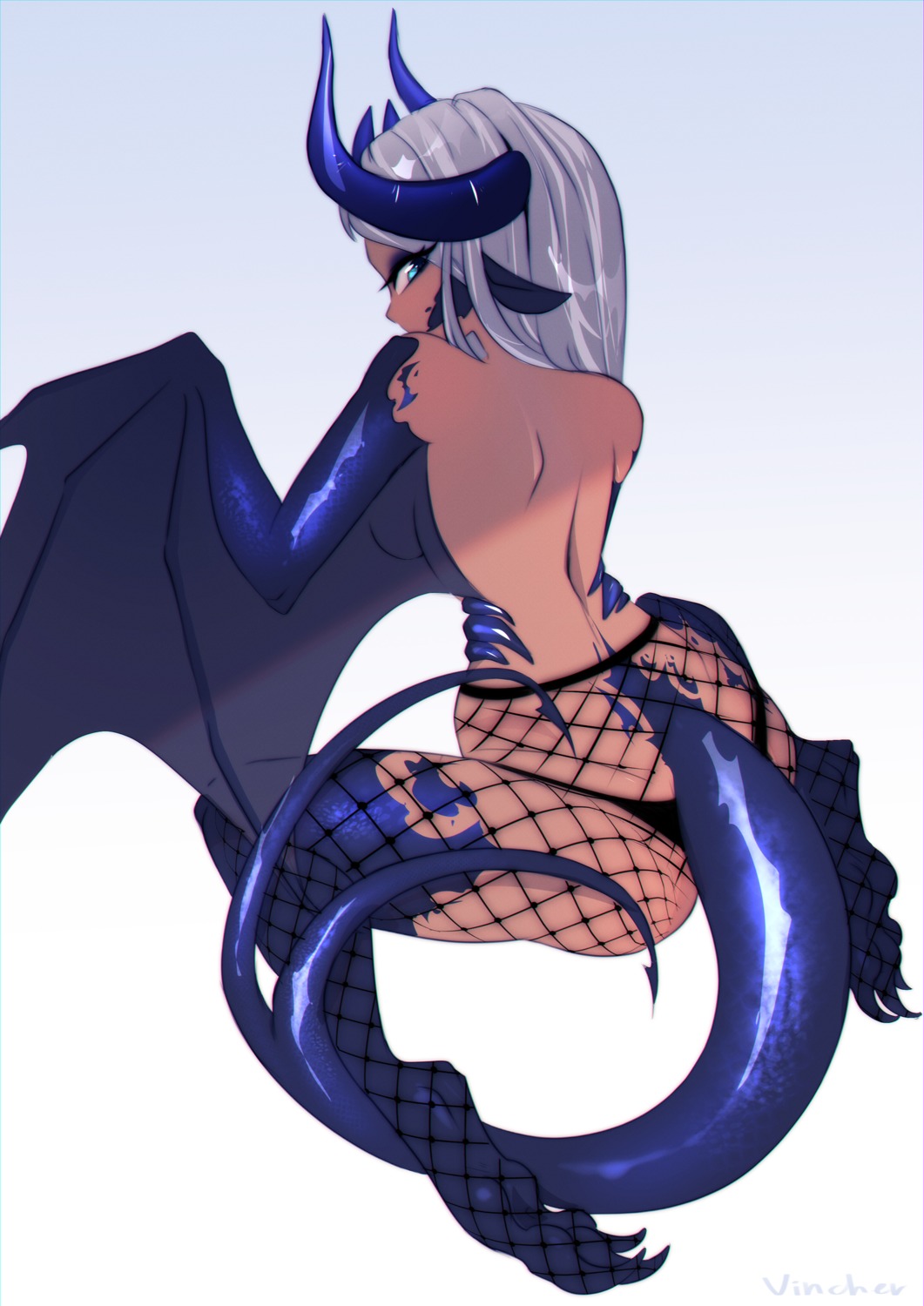 fishnets horns mirra_galontalis monster_girl pantsu pantyhose pointy_ears tail topless vincher_art wings