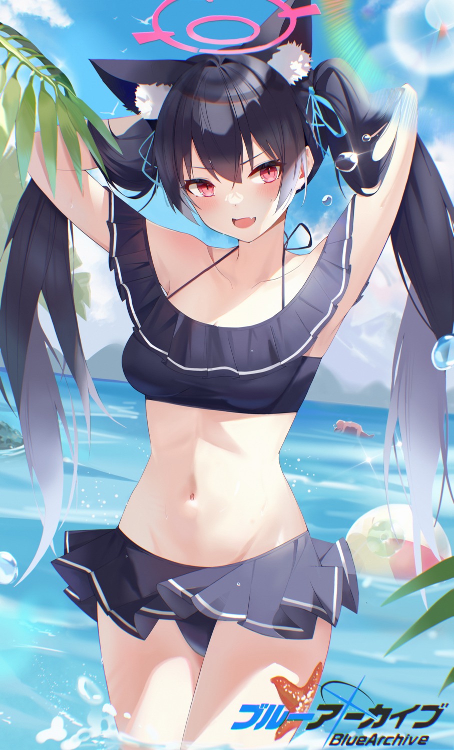 0.0_(pixiv87560444) animal_ears bikini blue_archive halo kuromi_serika nekomimi swimsuits wet