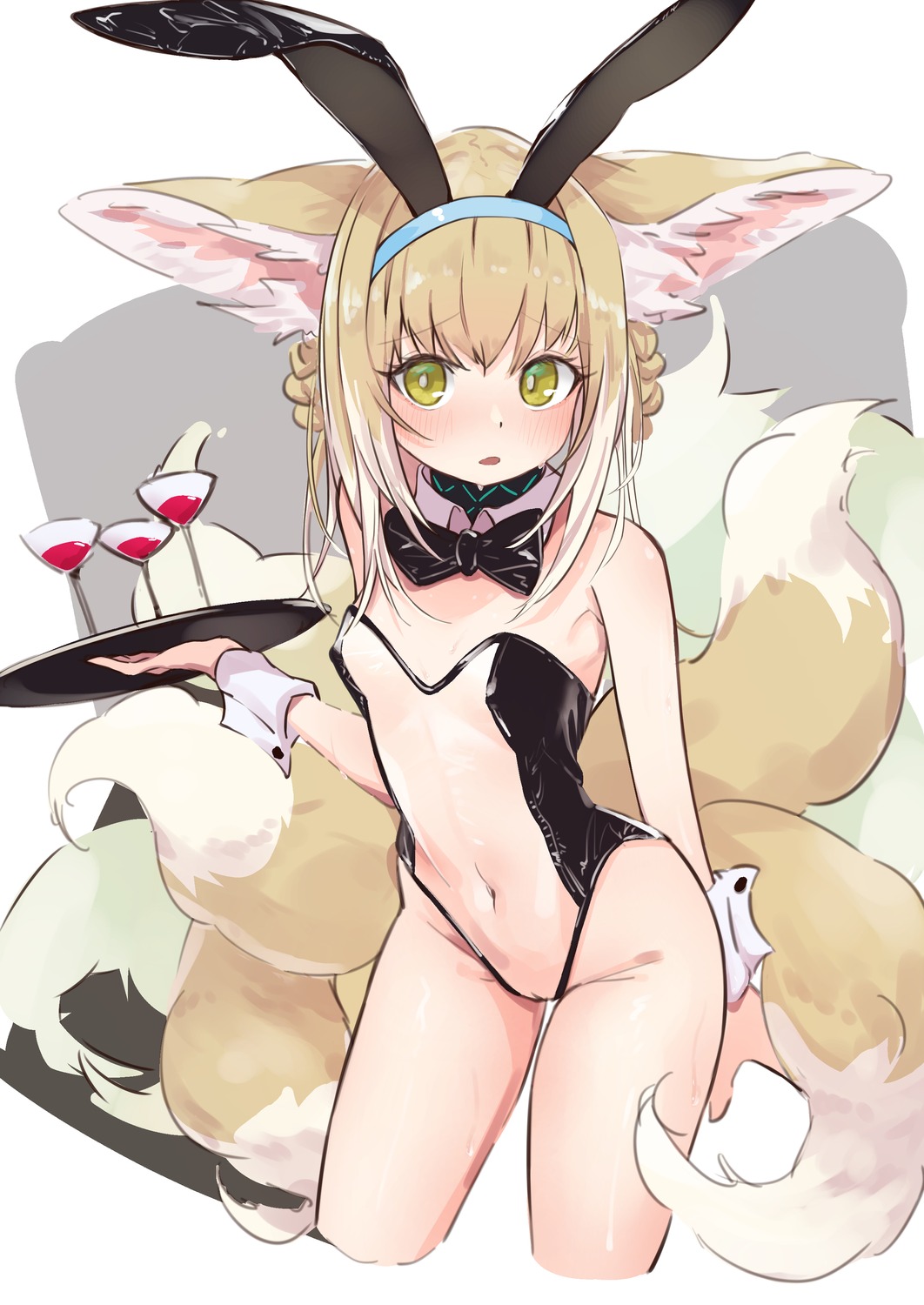 animal_ears arknights bunny_ears bunny_girl erect_nipples kitsune loli no_bra pussy see_through sketch suzuran_(arknights) tail uncensored waitress yakurope-moko