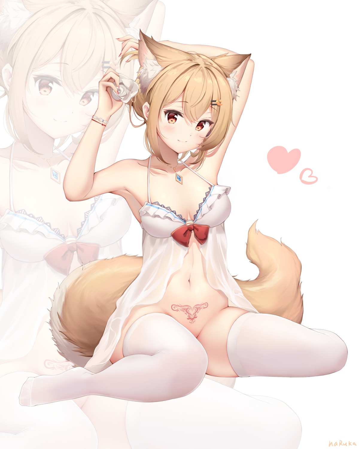 animal_ears haruka_poi lingerie nopan see_through tail tattoo thighhighs