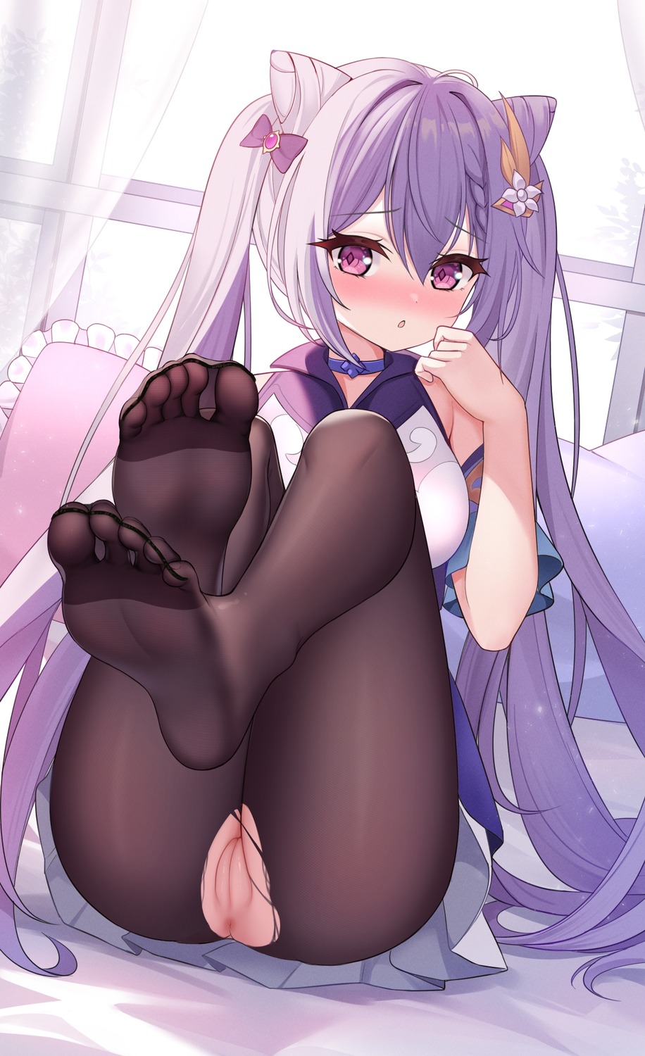 anus ass feet genshin_impact icwine keqing pantyhose pussy skirt_lift torn_clothes uncensored