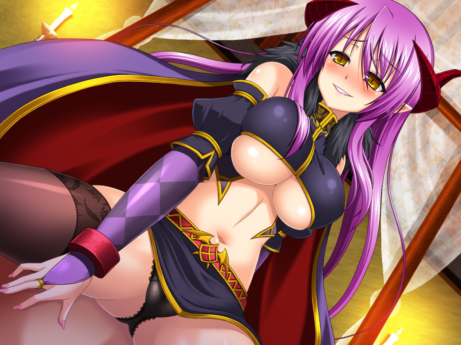 cameltoe horns mirisha no_bra pantsu pointy_ears thighhighs underboob