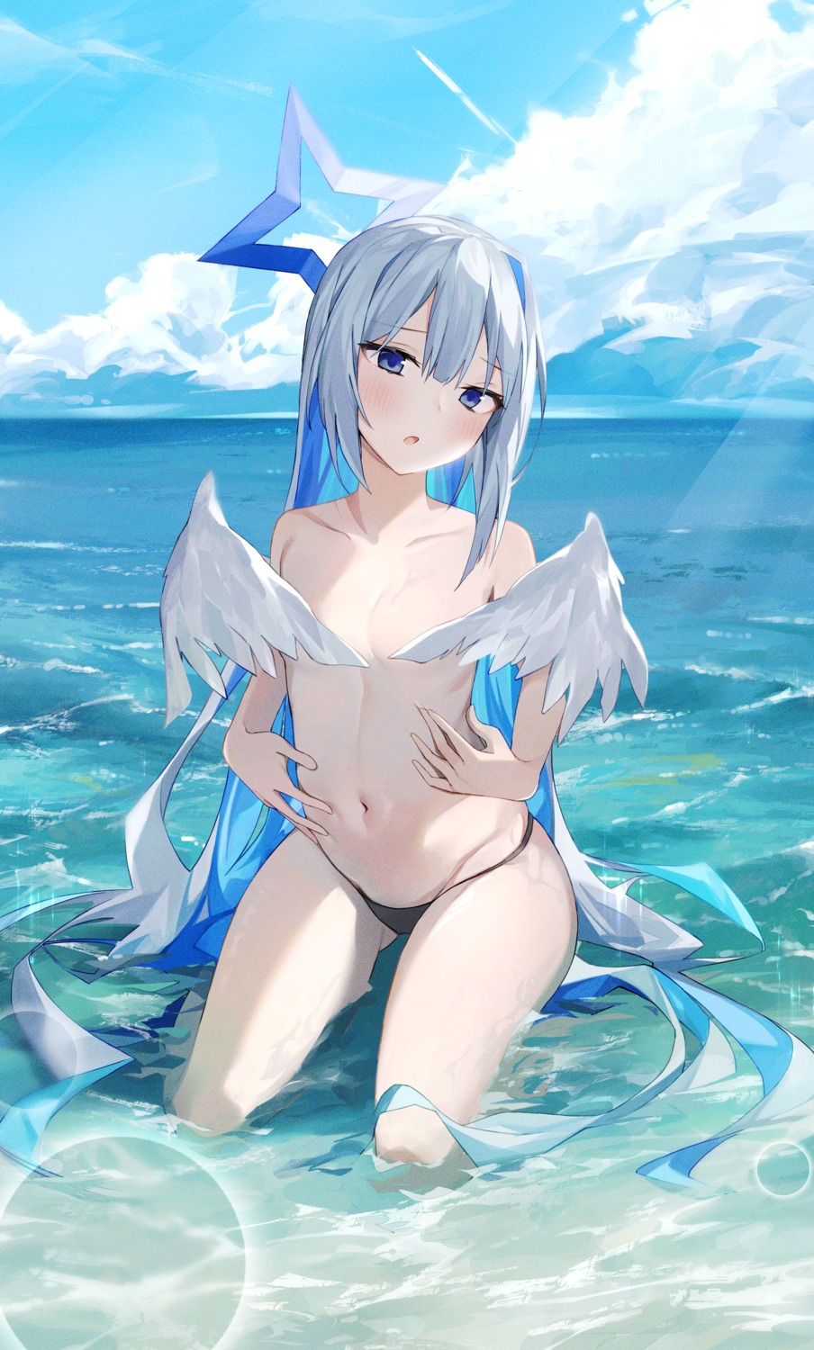 amane_kanata angel bikini hololive nel_dcm swimsuits topless wet wings