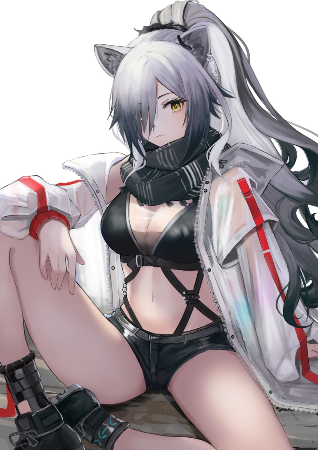 animal_ears arknights cleavage kuguiema open_shirt schwarz_(arknights) see_through