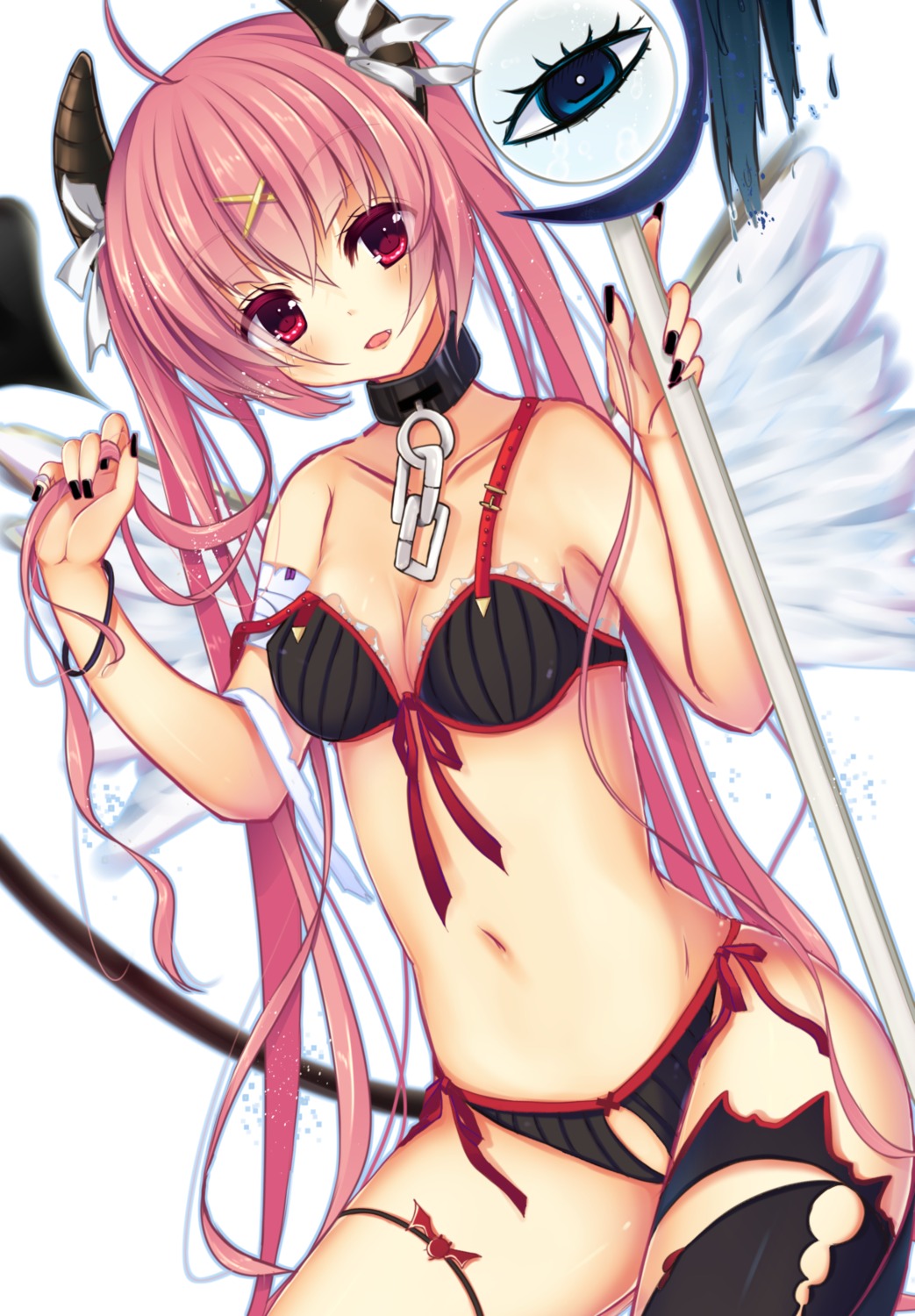 bandages bra cleavage horns humuyun pantsu string_panties thighhighs