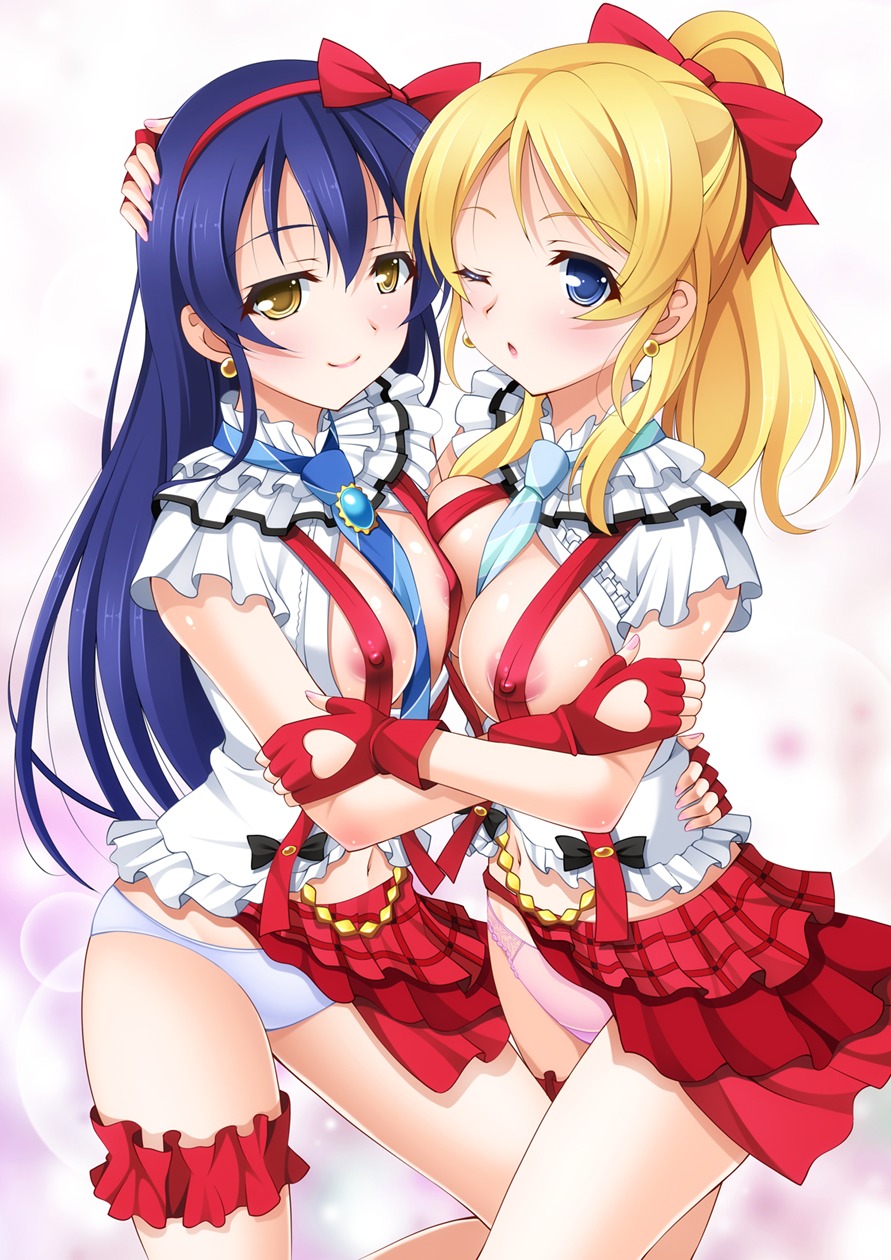 areola ayase_eli erect_nipples garter love_live! narutaki_shin pantsu sonoda_umi symmetrical_docking yuri