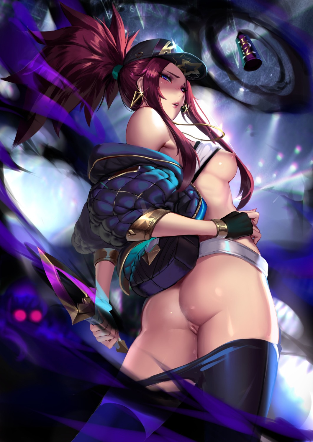 akali ass breasts cianyo league_of_legends nipples no_bra nopan open_shirt pussy pussy_juice shirt_lift thighhighs torn_clothes uncensored weapon