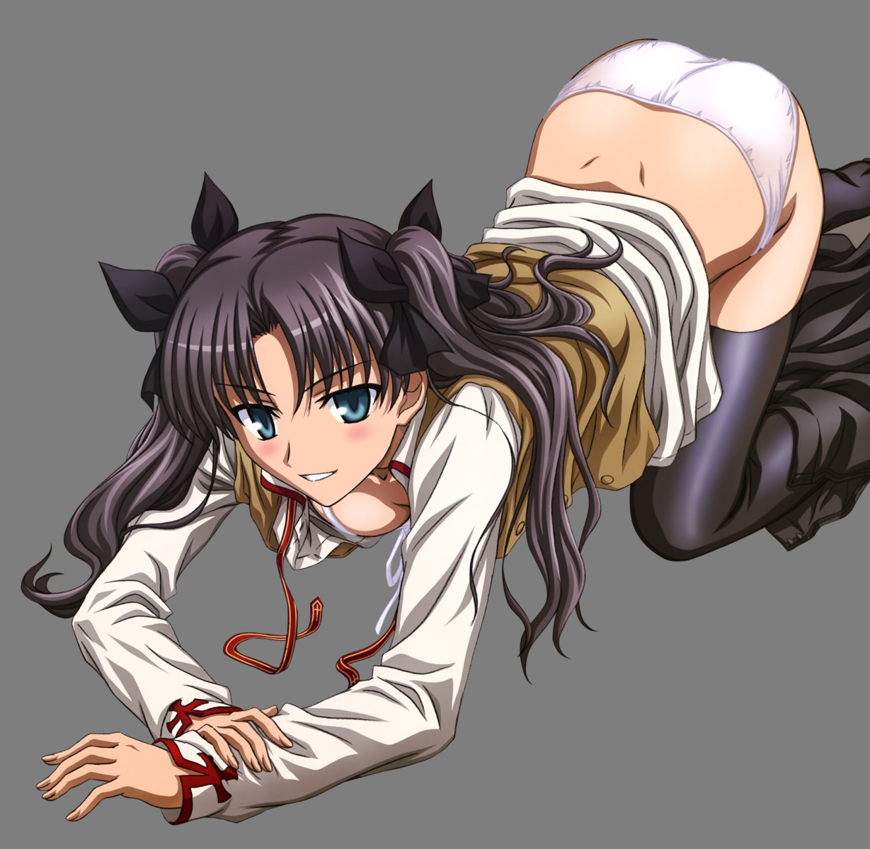 cleavage fate/stay_night ishihara_megumi lingerie no_bra open_shirt pantsu seifuku thighhighs toosaka_rin transparent_png