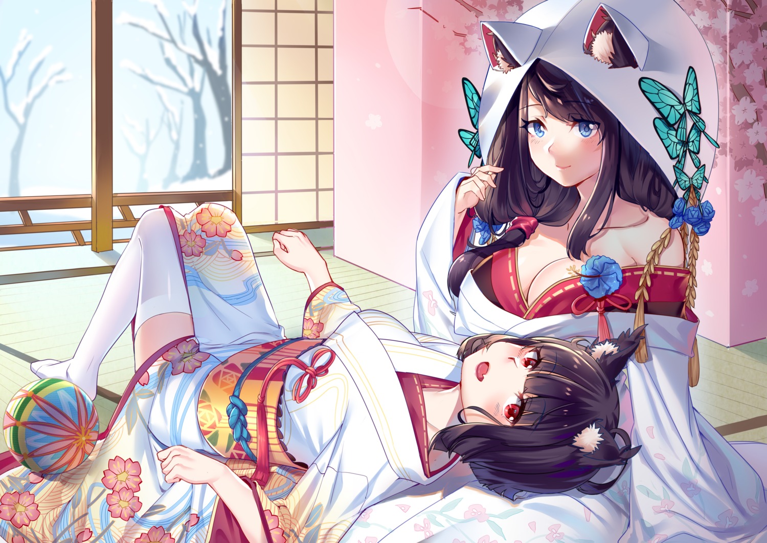 aer_(tengqiu) animal_ears azur_lane cleavage fusou_(azur_lane) kimono no_bra open_shirt thighhighs yamashiro_(azur_lane)