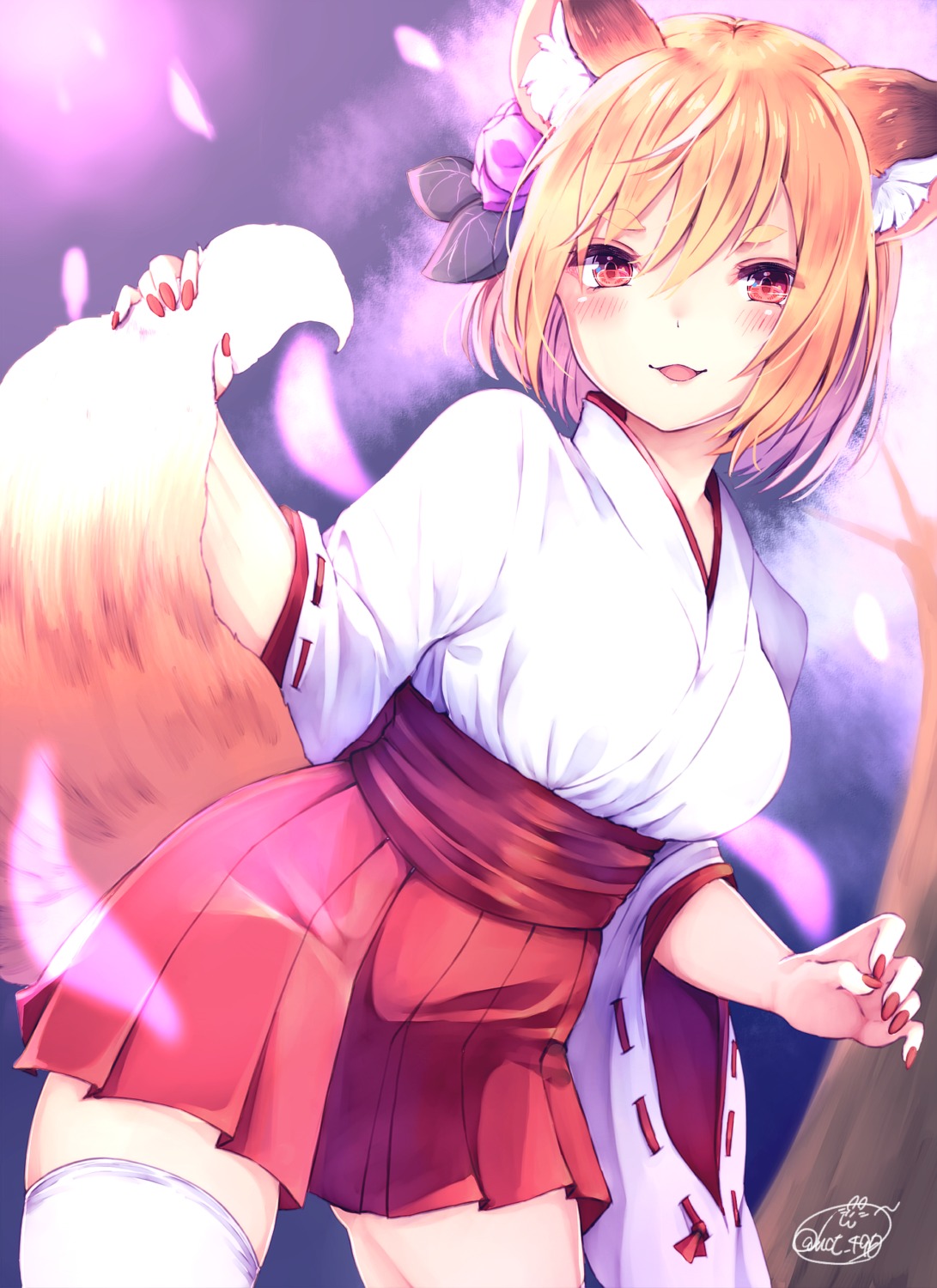 animal_ears chita_(ketchup) kitsune miko tail thighhighs