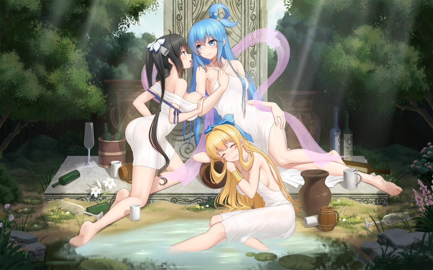 anarchojs aqua_(kono_subarashii_sekai_ni_shukufuku_wo!) ass breast_hold crossover dress dungeon_ni_deai_wo_motomeru_no_wa_machigatteiru_darou_ka hestia_(danmachi) kono_subarashii_sekai_ni_shukufuku_wo! kono_yuusha_ga_ore_tueee_kuse_ni_shinchou_sugiru no_bra ristarte_(shinchou_yuusha) see_through wet wet_clothes