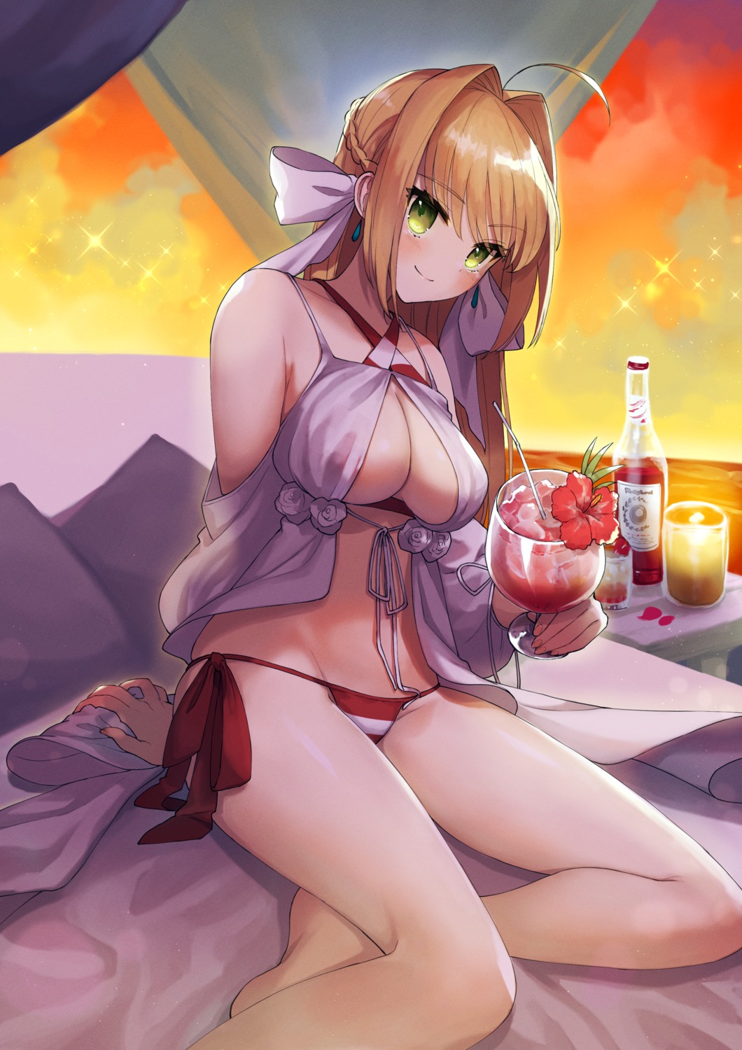 bikini erect_nipples fate/grand_order open_shirt saber_extra sahara1127 see_through swimsuits