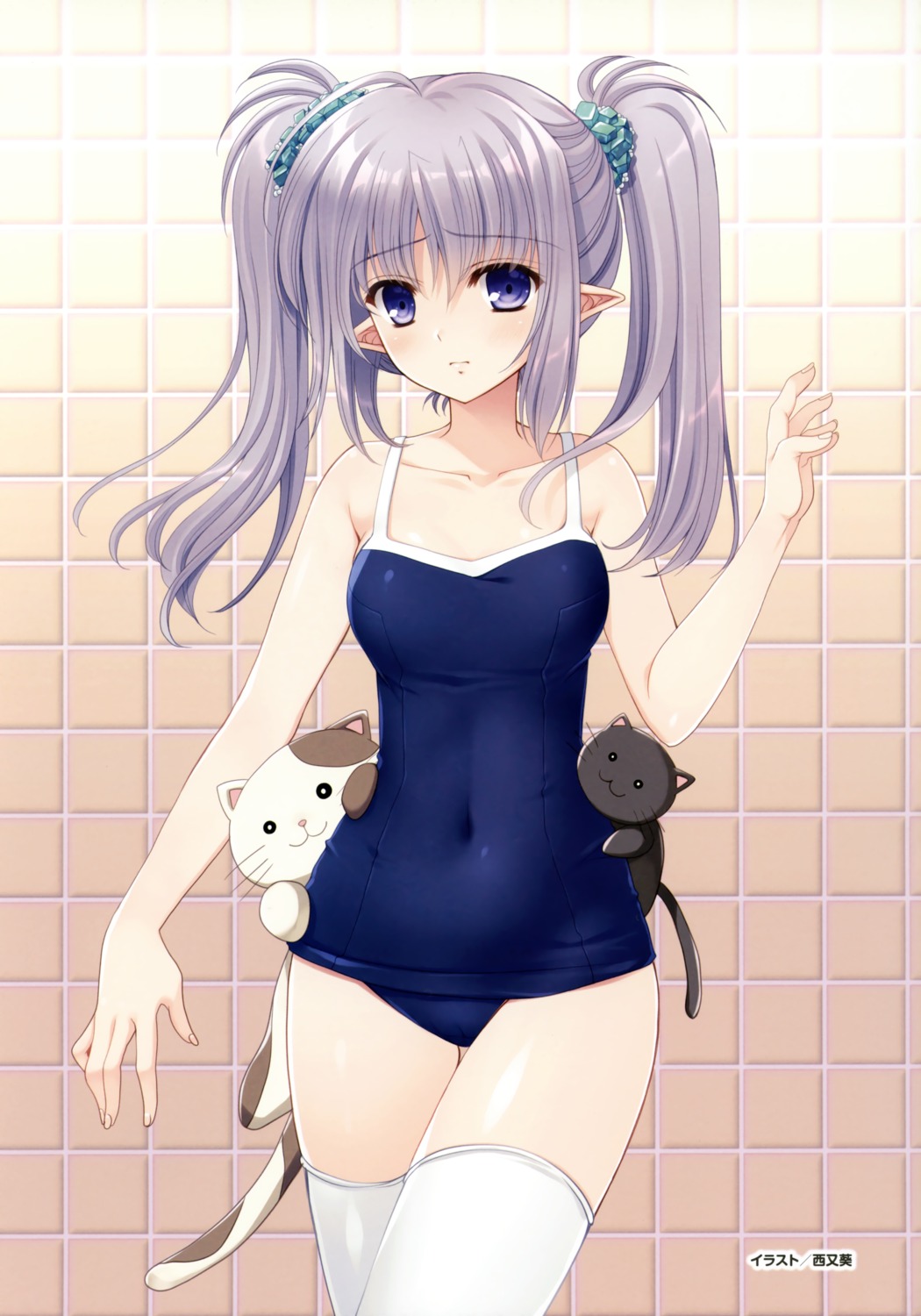 navel neko nishimata_aoi pointy_ears primula school_swimsuit shuffle swimsuits thighhighs