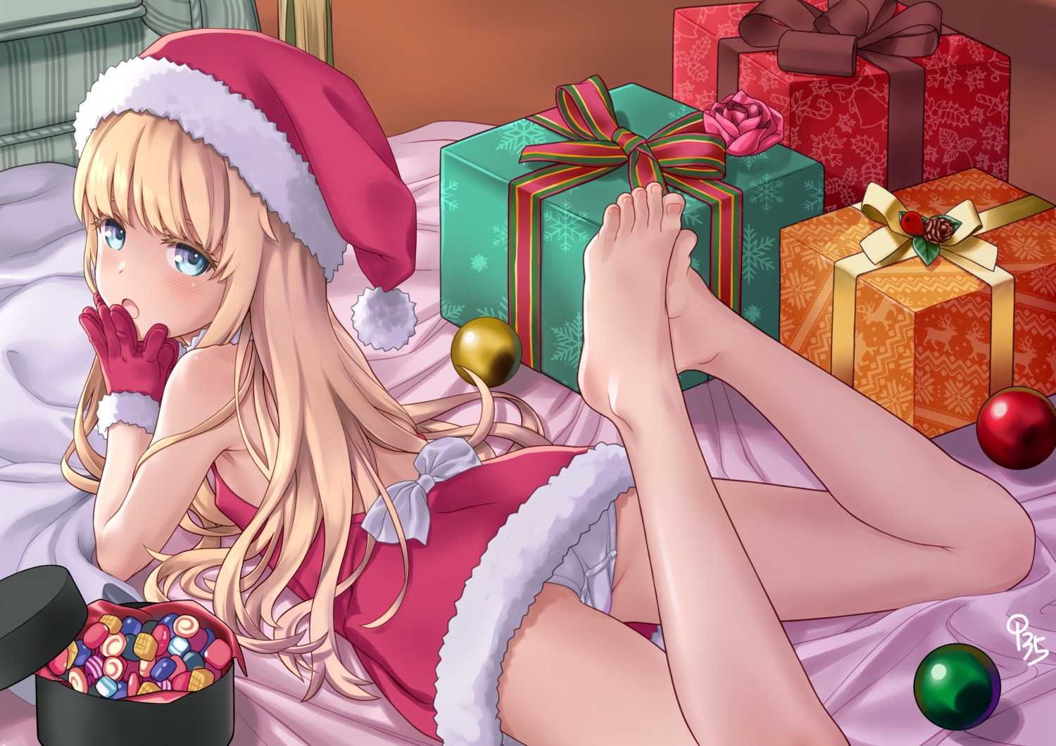 aoi_kumiko ass christmas dress erect_nipples feet loli no_bra pantsu skirt_lift