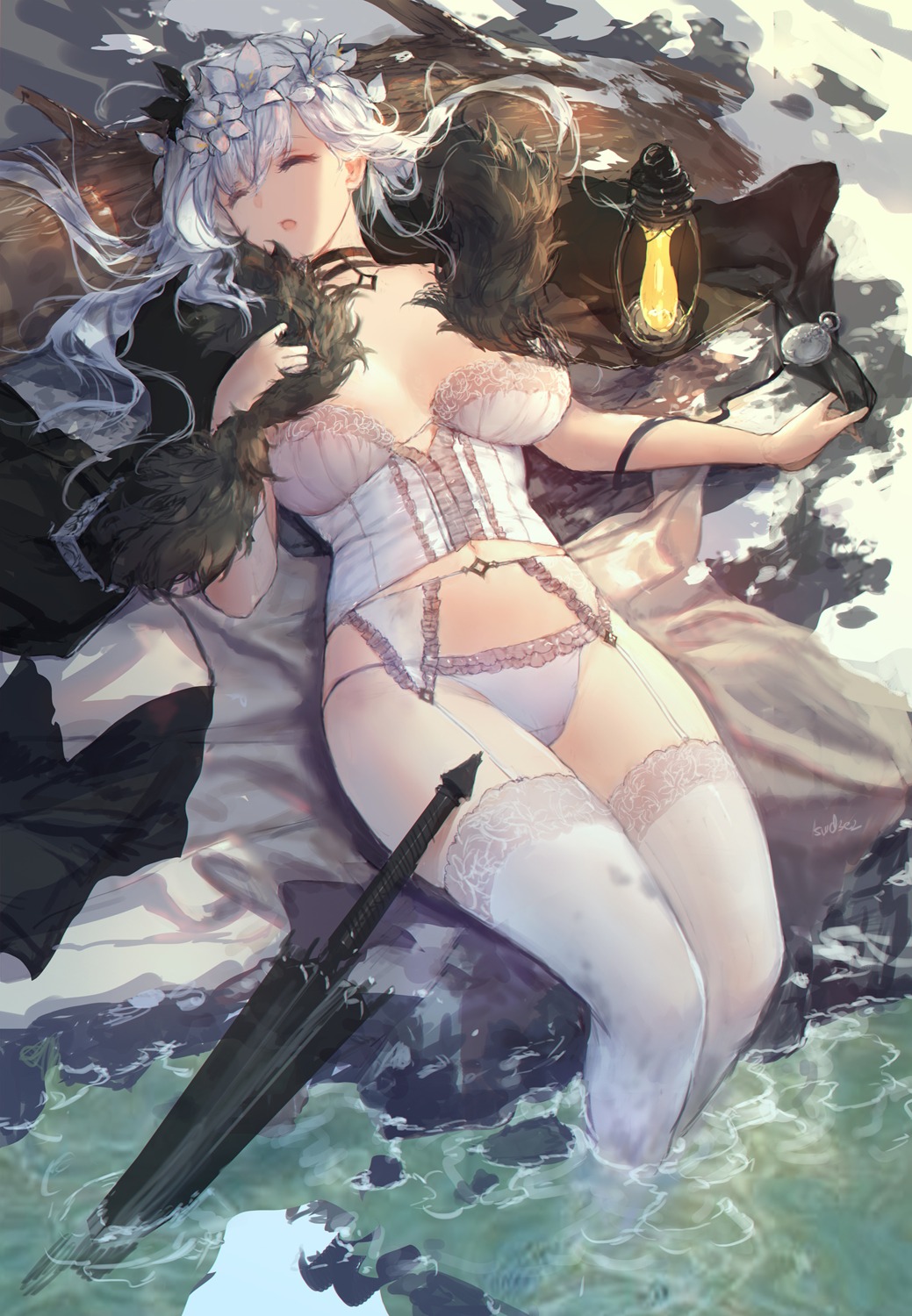 corset garter_belt lingerie no_bra pantsu stockings swd3e2 sword thighhighs umbrella wet