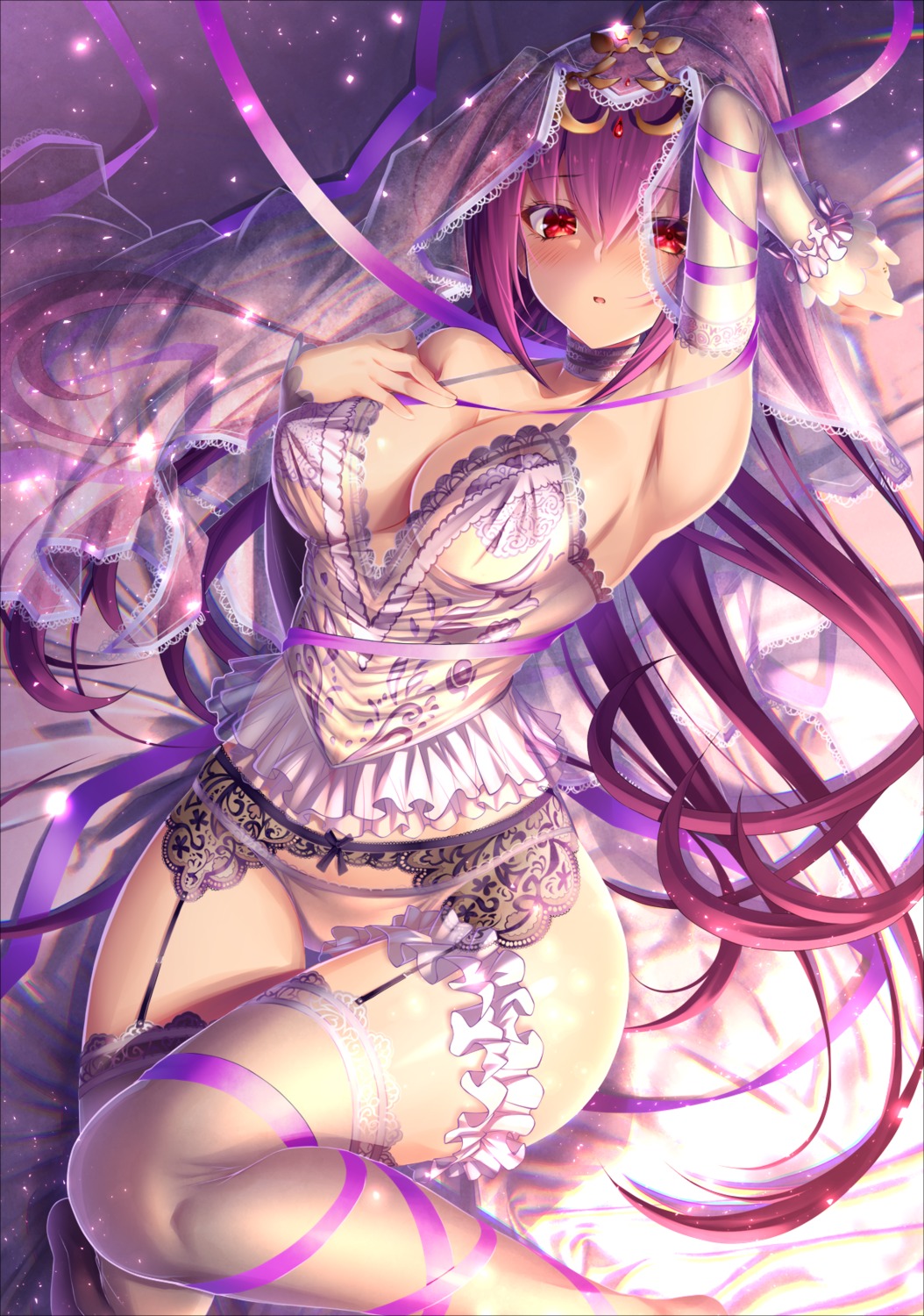 breast_hold cleavage emanon_123 fate/grand_order garter_belt lingerie pantsu scathach_skadi see_through stockings thighhighs