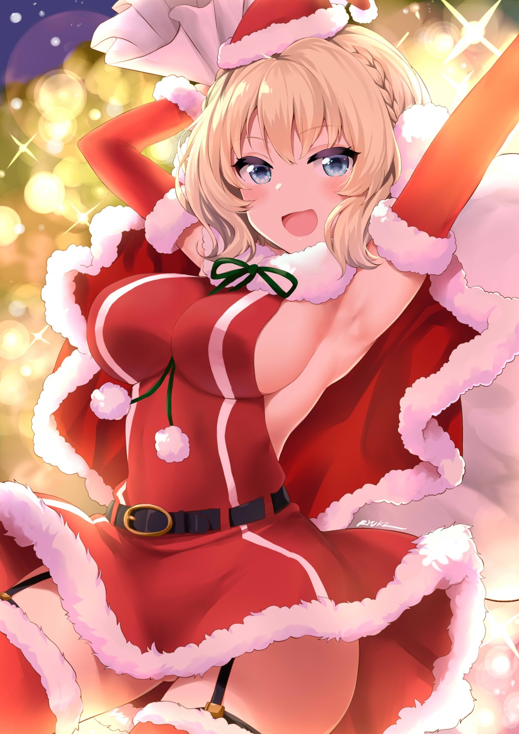 christmas colorado_(kancolle) kantai_collection no_bra ryuki_(pixiv_2328) skirt_lift stockings thighhighs