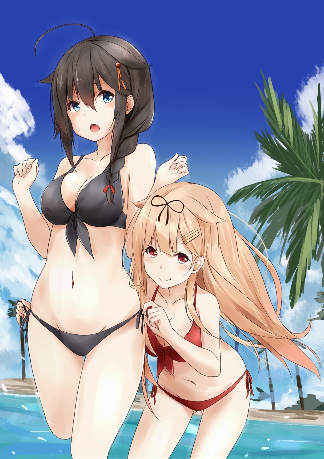 bikini cleavage kantai_collection saku_(kudrove) shigure_(kancolle) swimsuits undressing yuudachi_(kancolle)